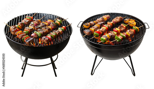 Grilled Skewers with Colorful Vegetables and Meat on a Charcoal BBQ