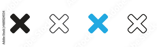 Versatile 'X' icons in four styles: solid black, outline black, vibrant blue, and outline blue. Perfect for closing, canceling, or indicating errors across digital platforms.