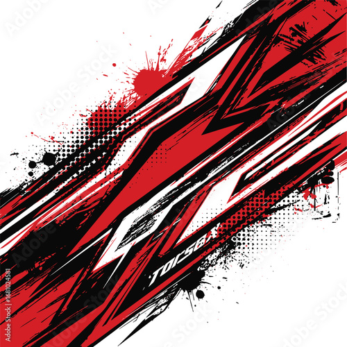 Abstract racing-themed background with dynamic red, black, and white shapes, grunge textures, and splatter effects vector illustration