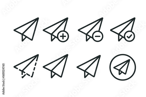 Set of paper plane icons in various styles with additional symbols