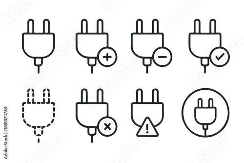 Set of electrical plug icons with symbols for warning and validation