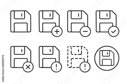 Set of eight floppy disk icons with various symbols for digital interface