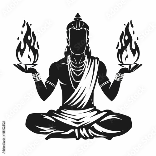 Silhouette of a Traditional Hindu Priest Meditating with Fire in Both Hands in a Mystical Dramatic Vector Illustration