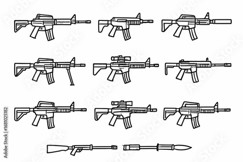 Various assault rifles and weapon illustrations in detailed outline forms