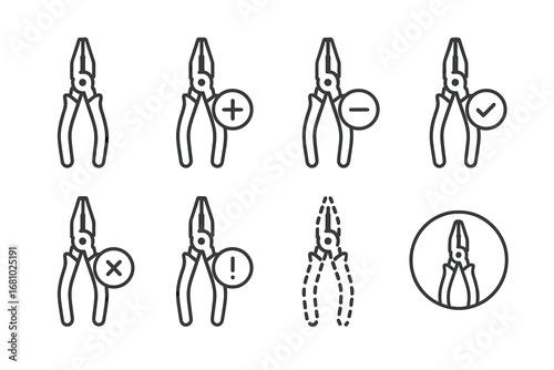 Pliers icon set with various symbols for instructions and guidelines
