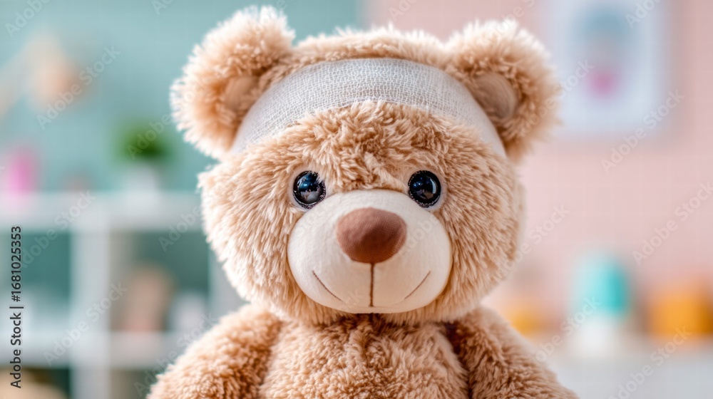 Obraz premium A cute teddy bear with a bandage, representing care and recovery.