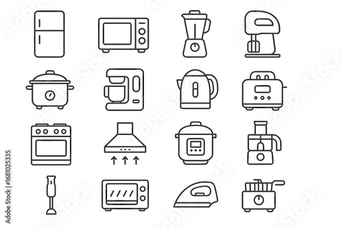 Collection of kitchen appliance icons: refrigerator, microwave, blender, mixer, toaster