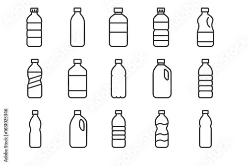 Collection of various water bottle line icons in different shapes