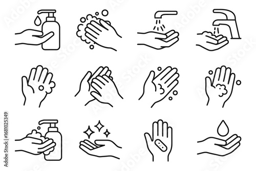 Hygiene icons: handwashing, soap, faucet, bubbles, sanitizer, clean hands