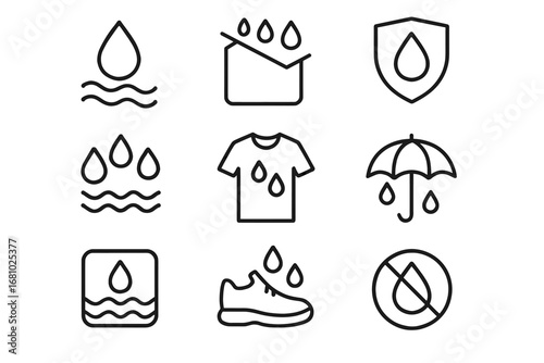 Waterproof icon set: clothing, footwear, umbrella, water protection symbols