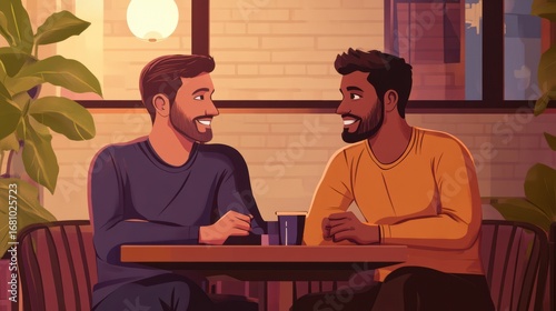 Two men talking and smiling at coffee shop table