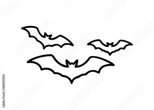 Three stylized bats in flight graphic with black outline on white
