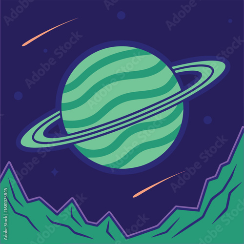 Green planet with rings and comets in space Saturn