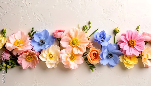 A delightful arrangement of pastel flowers artfully arranged on a textured background.