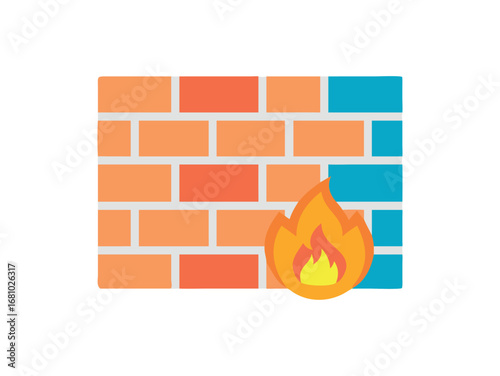 Abstract brick wall with a fiery flame symbol