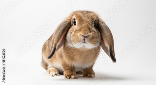 A charming lop-eared rabbit with soft brown fur and long floppy ears sits calmly on a white background, looking directly at the camera.