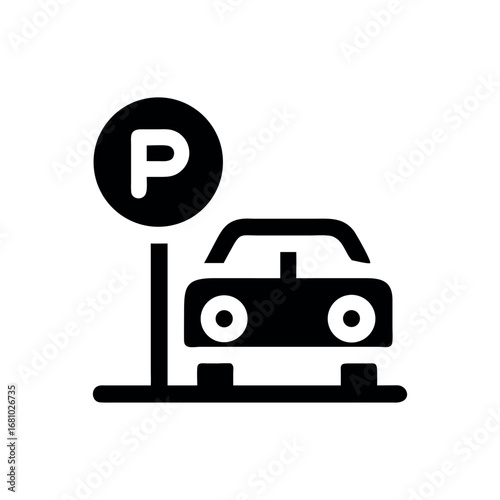Black and white silhouette of a car at a parking spot with a P sign