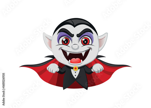 Cute cartoon vampire character with fangs and red cape on transparent background