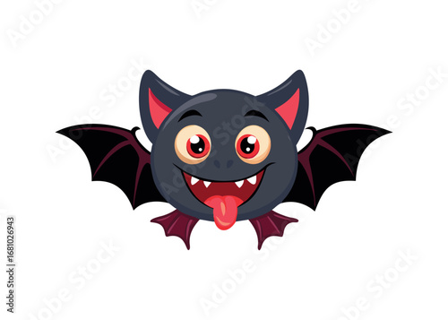 Happy cartoon vampire bat with red eyes and tongue sticking out
