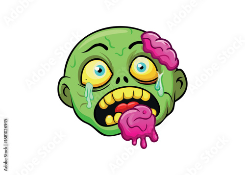 Funny cartoon zombie head with exposed brain and dripping slime