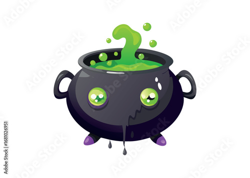 Whimsical cartoon cauldron bubbling with glowing green liquid and large cartoon eyes