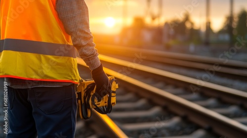 Railway safety inspection sunset rail tracks action scene industrial environment close-up view worker ensuring safety compliance