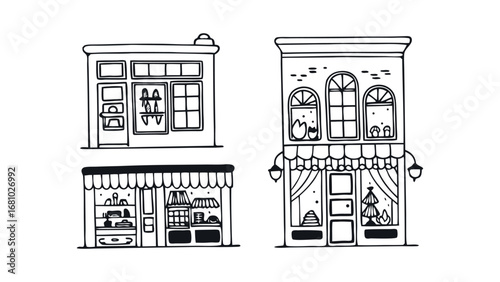 Whimsical hand-drawn storefronts with awning and window displays