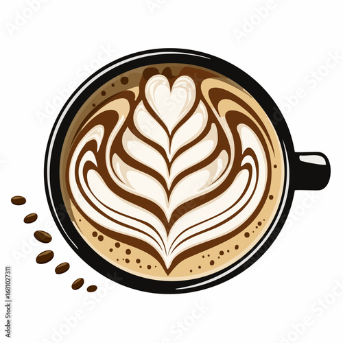 Coffee cup with latte art featuring Vector Image isolated on white background.