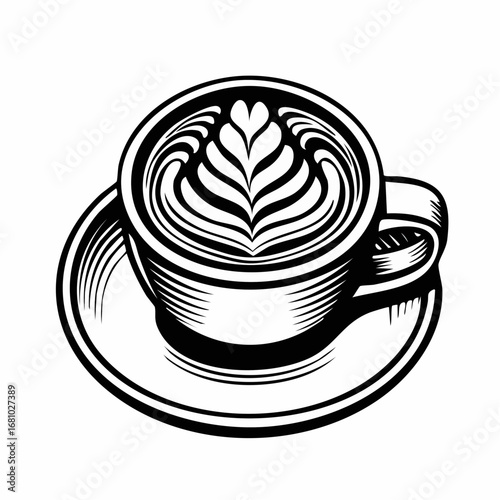 Coffee cup with latte art featuring Vector Image isolated on white background.