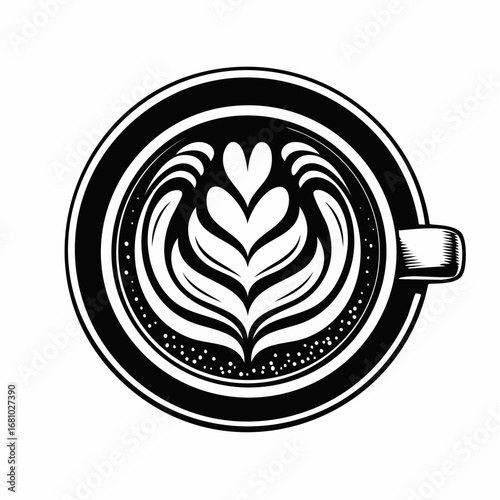 Coffee cup with latte art featuring Vector Image isolated on white background.