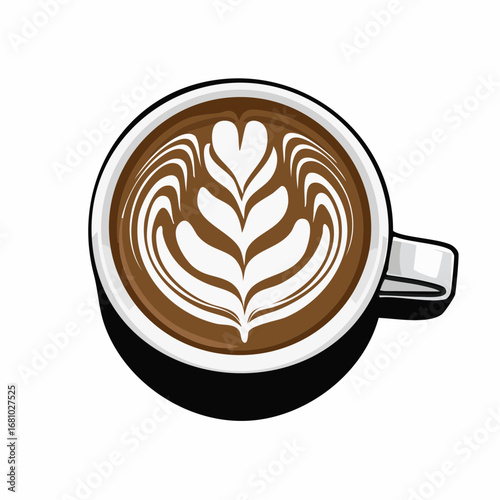 Coffee cup with latte art featuring Vector Image isolated on white background.