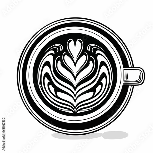 Coffee cup with latte art featuring Vector Image isolated on white background.