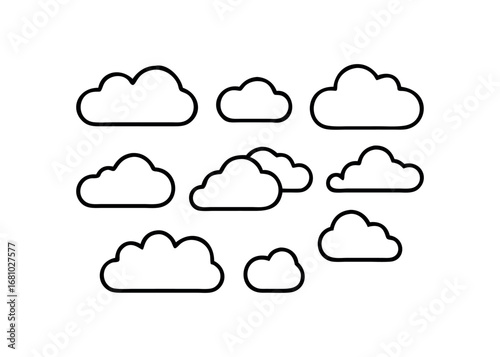 Collection of stylized cloud shapes with thick black outlines on a white void