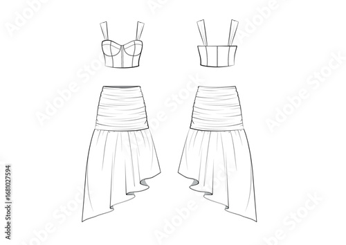 Women Resort Corset Bustier Cropped Top And Asymmetric Midi Skirt Matching Set, Front & Back View CAD, fashion flat sketch, Editable Flat Technical Drawings Illustration, Top Skirt Mock up