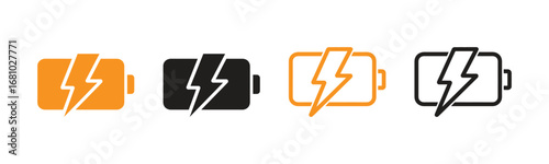 Four distinct battery icons featuring lightning bolts, symbolizing power, energy, and charge status for technology and device interfaces. Clean and modern.