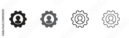 Icons featuring a person within a gear, representing teamwork, process, and efficient business operations. Ideal for concepts of collaboration and progress.