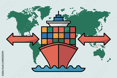 Illustration of a cargo ship with containers in front of a world map and two arrows pointing outwards