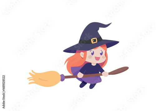 Cute animated witch flying on broomstick with orange hair and purple dress