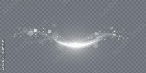 White light trails, light in motion, glowing speed lines with sparkles. Bright gold decoration, luminescent swirls isolated on black background. Vector illustration.	
