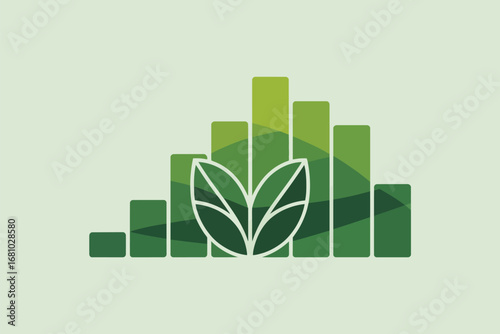 A green bar graph with a leaf overlayed on top of it on a light green background in a simple design