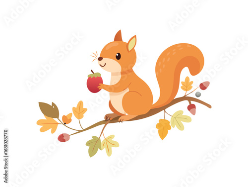 Cute cartoon squirrel holding acorn on a branch with fall leaves