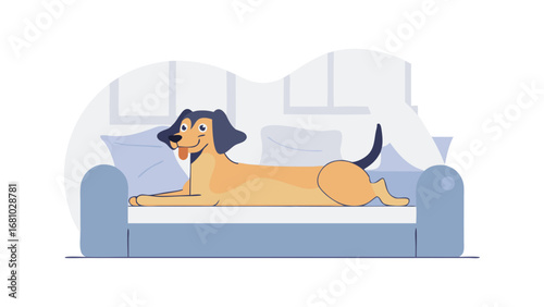 Happy dog lounging on couch interior