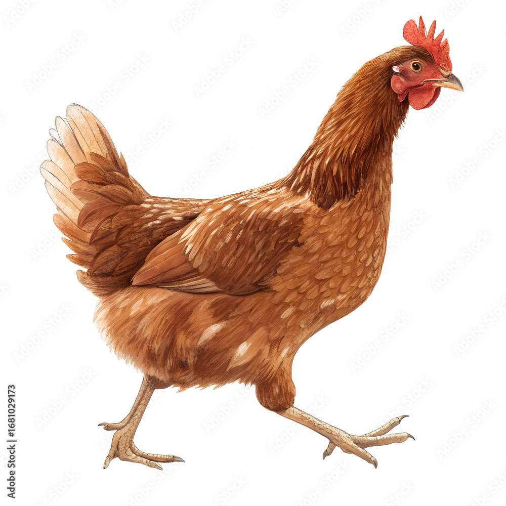 Fototapeta premium Isolated brown hen chicken walking illustration for poultry farming and animal husbandry projects design
