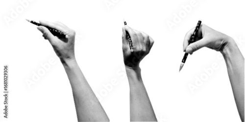 Human hands in dotted pop art style holding pen, stylus, pencil. Vector collage element for mixed media design isolated on transparent background