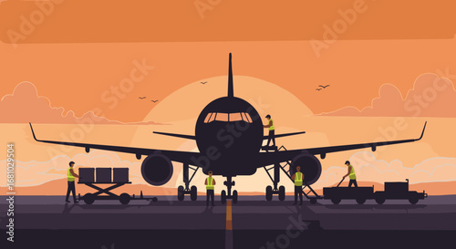 Aircraft maintenance crew working on a plane at sunset for aviation industry promotions and training materials