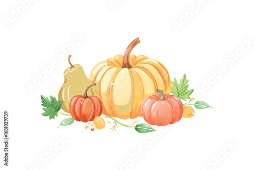 Arrangement of ripe pumpkins and pear with green leaves and berries