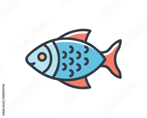 Stylized blue fish with coral fins and dark outlines isolated on white