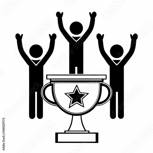 Three people celebrating with a trophy and star on top winner