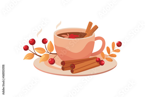 Steaming cup of spiced beverage with cinnamon sticks and berries on plate