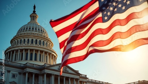 American flag waves proudly before the iconic united states capitol building
